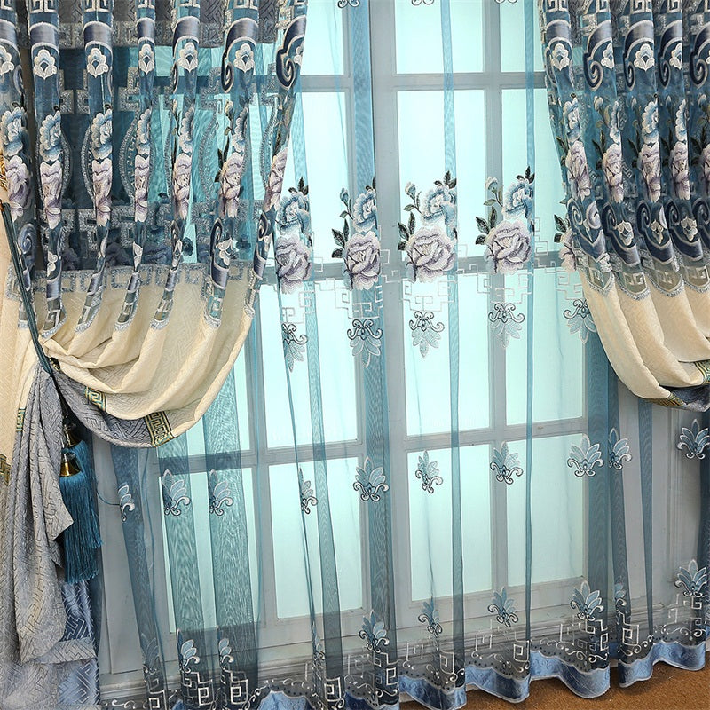 Blackout Curtain Elegant and Cozy Light Blue Embroidered Shading Curtain Flowers Hollowed-out Designing Living Room Curtain