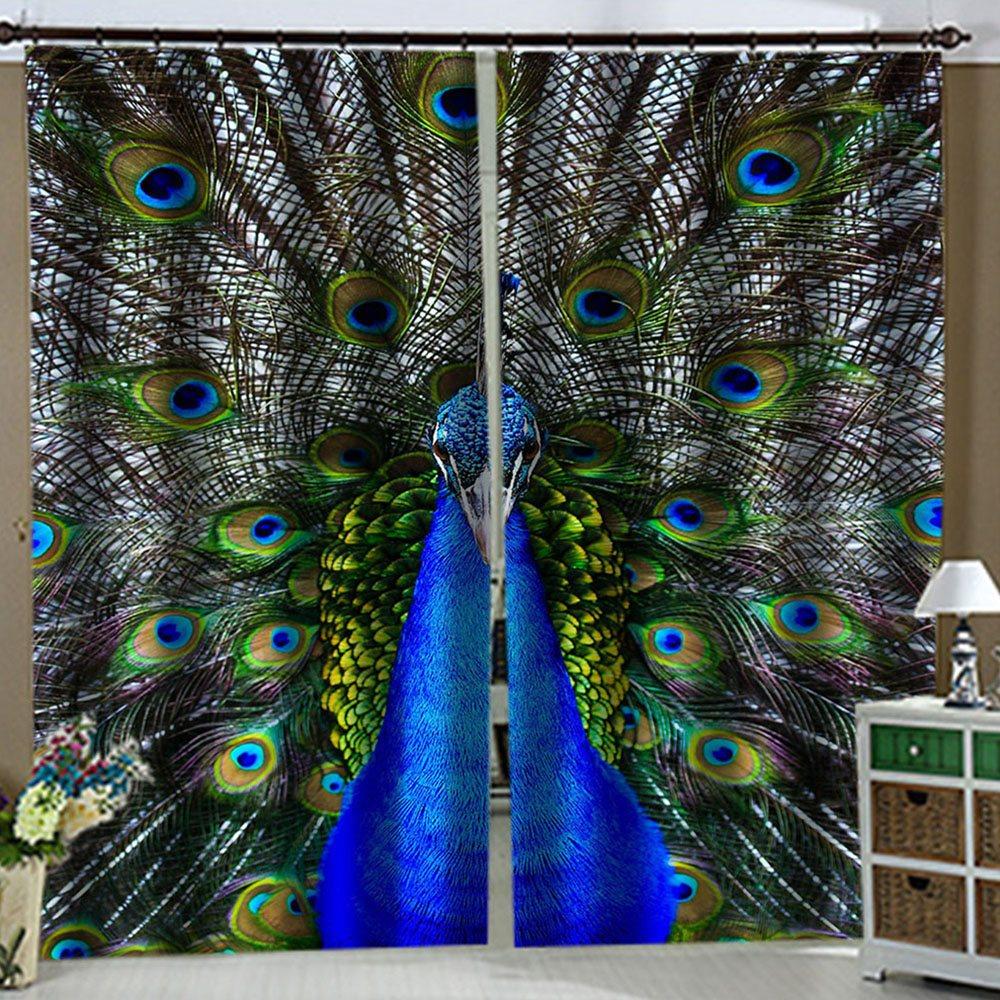 3D Print Peacock Window Curtains Polyester Modern Blue Blackout Custom 2 Panels Drapes for Living Room Bedroom No Pilling No Fading No off-lining