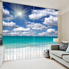 Beach with White Clouds and Sunlight Seaside Scenery 3D Printed Custom Living Room Curtain