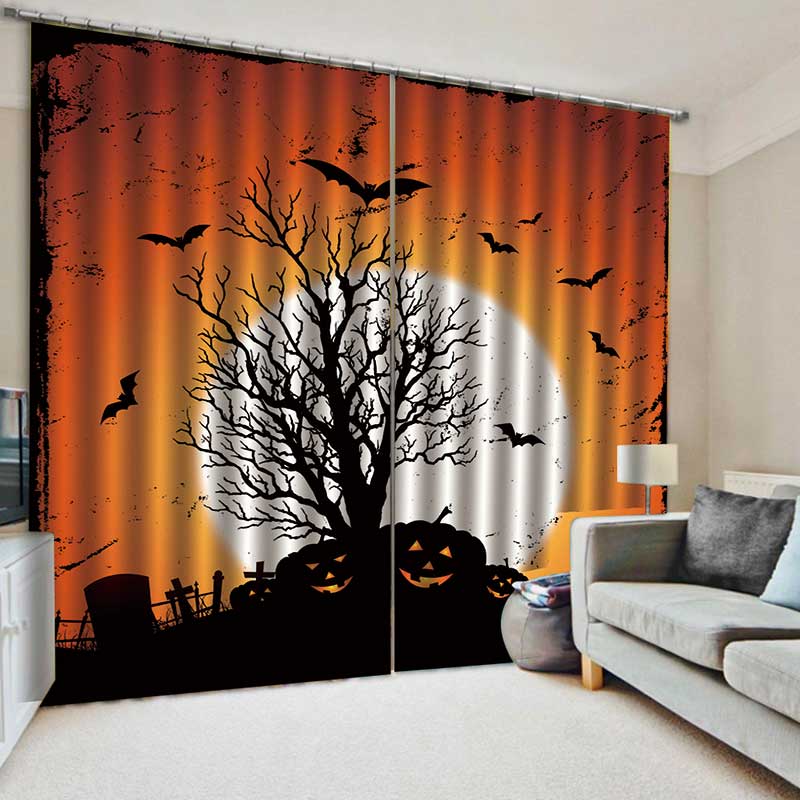 3D Halloween Pumpkin and Bat Printed Blackout Decoration Window Curtains for Living Room and Bedroom Custom 2 Panels Drapes No Pilling No Fading No off-lining