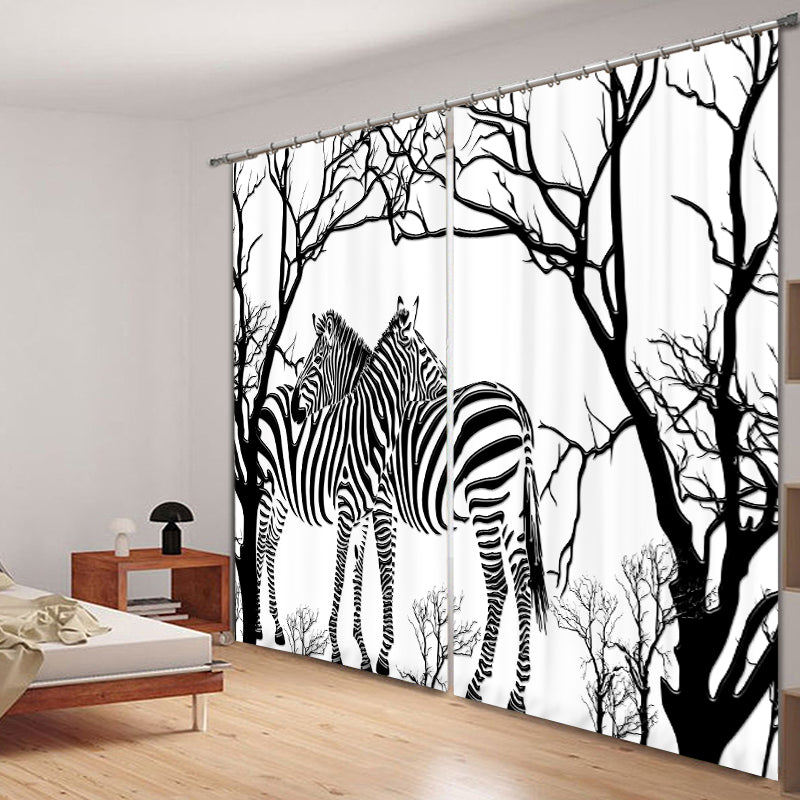 3D Zebras under the Trees Printed Concise Style Black and White Study Room Curtain