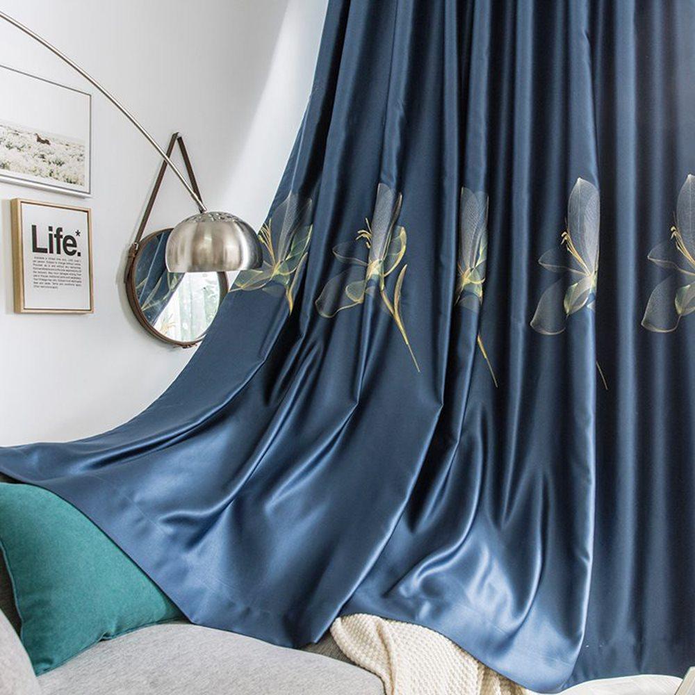 Modern Simple Blue Floral Shading Curtains for Living Room Bedroom Blackout Curtain Custom 2 Panels Drapes Decoration No Pilling No Fading No off-lining Heat insulation Sun Protection