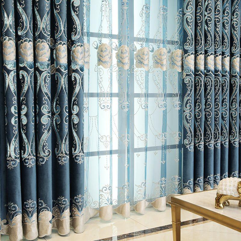 Luxury Blue Blackout Curtains Exquisite Floral Embroidery Sheer Window Shading Curtains Valance for Living Room Bedroom Custom Set of 2 Panels Drapes