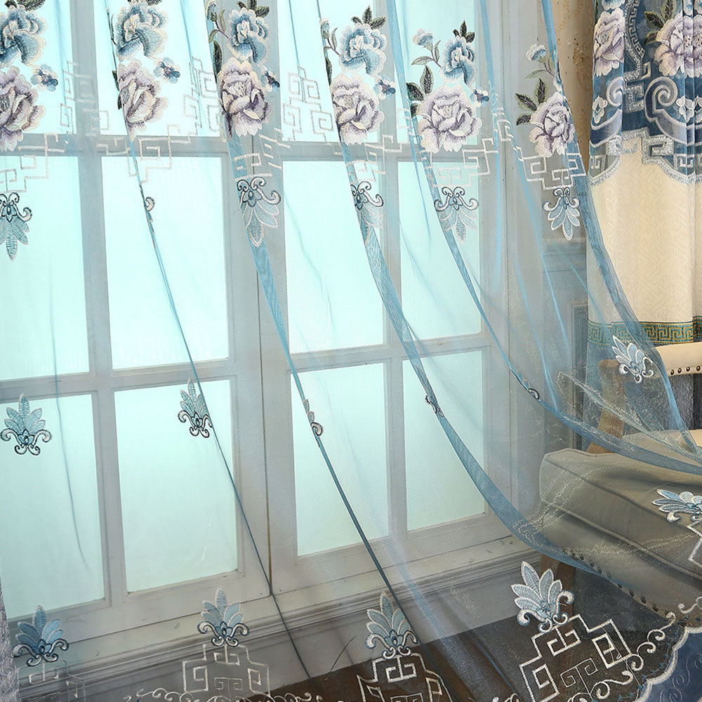 European Elegant Blue Floral Sheer Curtains for Living Room Bedroom Decoration Custom 2 Panels Breathable Voile Drapes No Pilling No Fading No off-lining Polyester