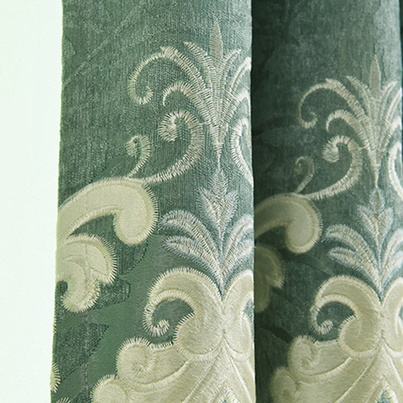 Noble Luxuriant Blue Green Chenille Embroidered Blackout Custom Grommet Curtains and Sheer