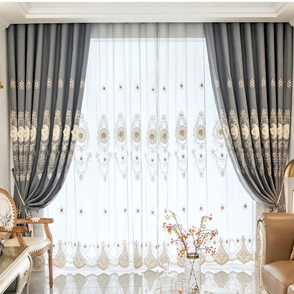 Relief Embroidery Blackout Curtains Sheer Gray Chenille Elegant Chenille Elegant Window Curtains Tulle for Living Room Bedroom Custom Set of 2 Panels