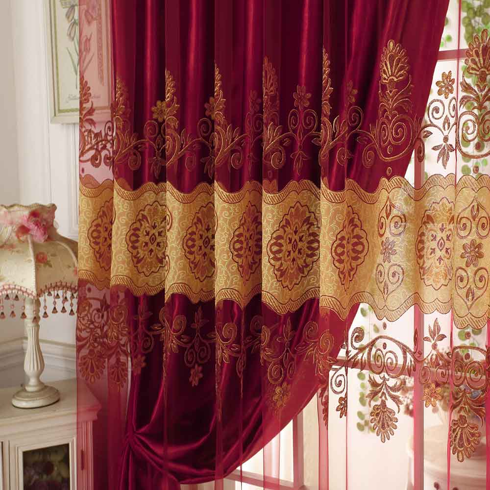 Classical Red Pattern Shading Sheer Beads Polyester Curtain