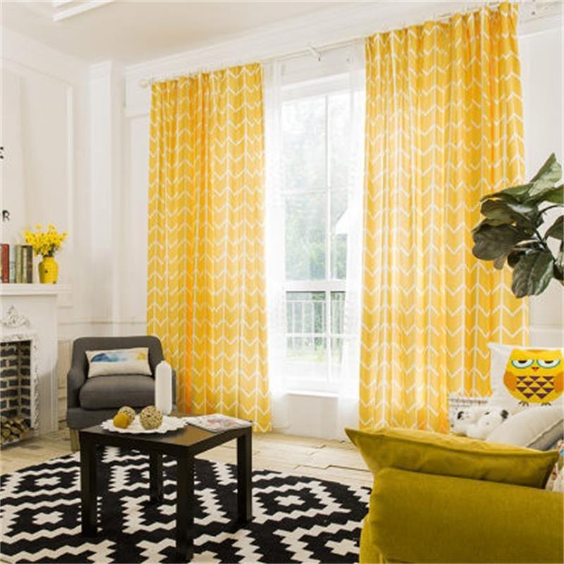 Contemporary Yellow Stripes Printing Cotton Linen Blackout Custom Double Pinch Pleat 60% Shading Rate Good Ultraviolet-proof Effect with Hooks