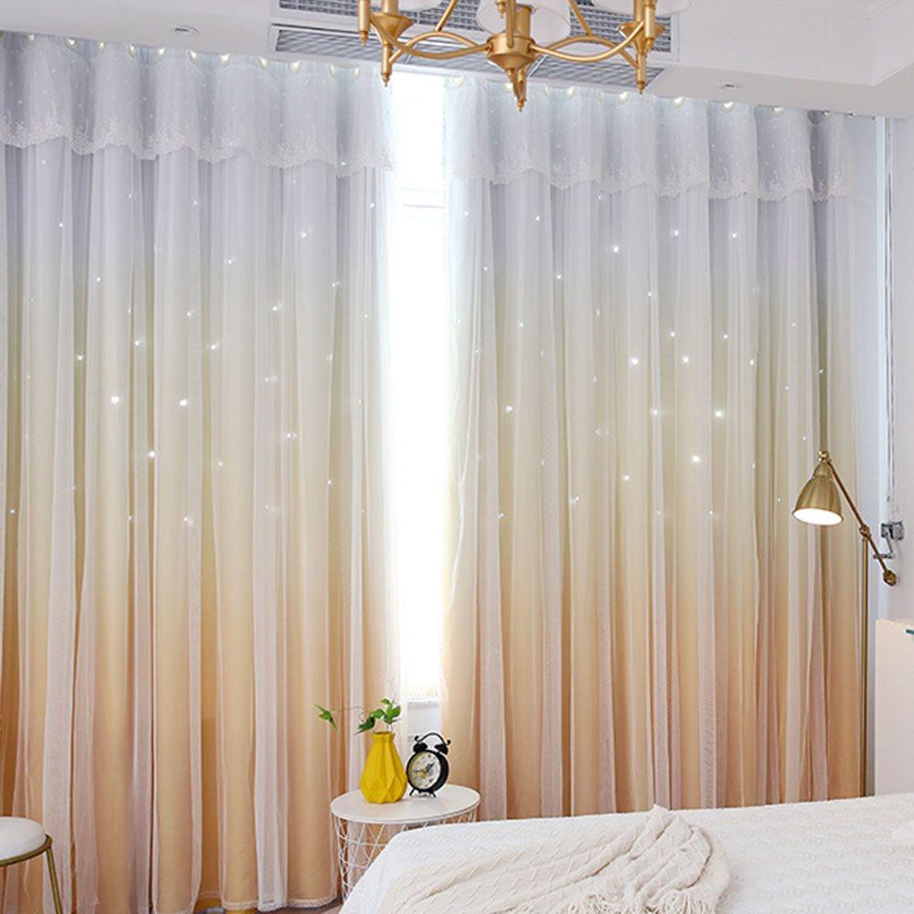 Romantic Princess Color Gradient Star Hollowed-out Custom Blackout Curtain Cloth and Sheer Sewing Together Curtain Set