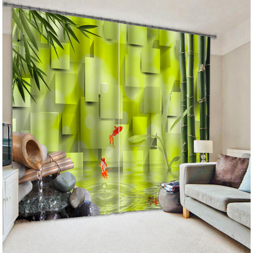 Green Nature Scenery Bamboo and Flowing Water Printed Polyester Custom 3D Curtain