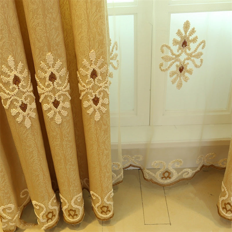 Classical Embroidered Damask Pattern Custom Grommet Top Sheer Curtain