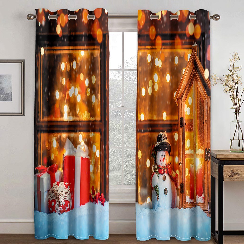 Christmas 3D Blackout Curtains Gift Snowman outside window Sweet Xmas Print Curtains for Living Room Bedroom Window Drapes 2 Panel Set