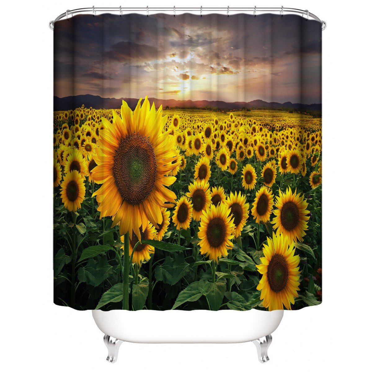 3D Shower Curtain Sunflowers Pattern Bathroom Partition Curtain Set Durable Waterproof Mildew Proof Polyester