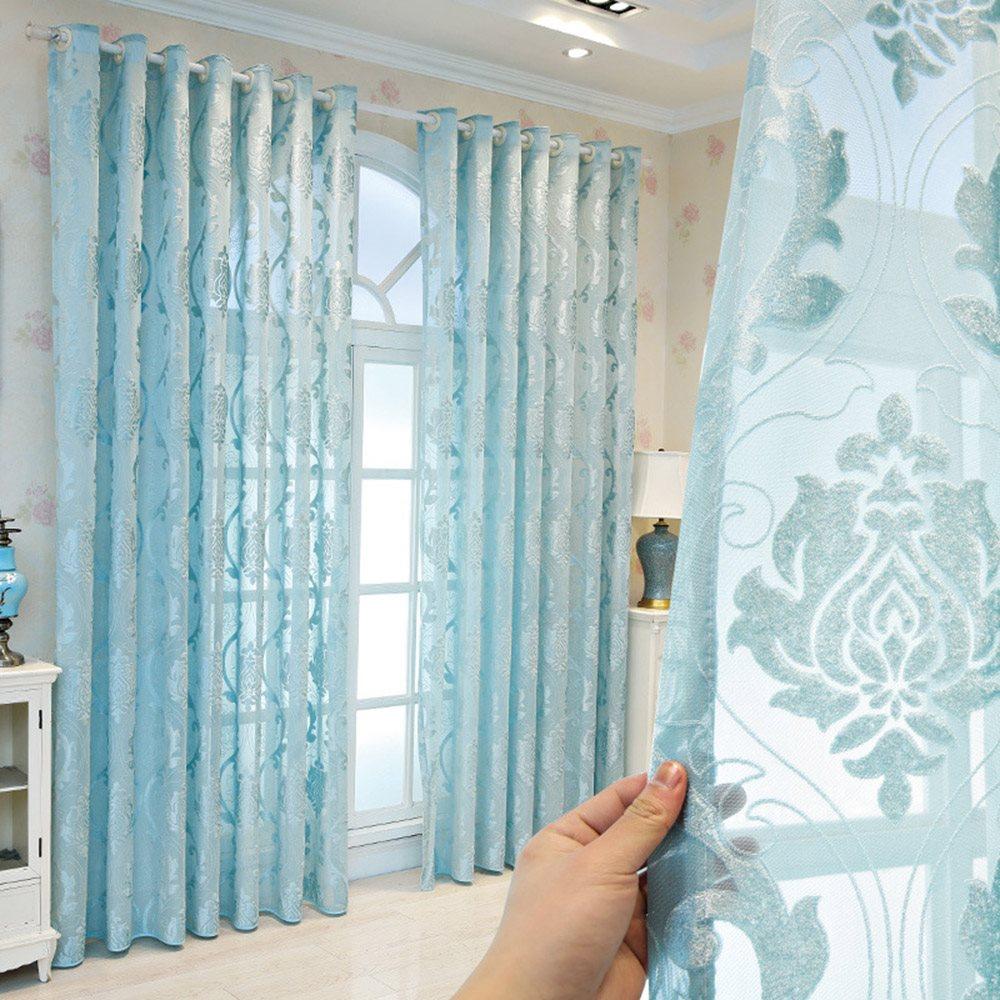 European High-end Sky Blue Embossed Sheer Curtains for Living Room Bedroom Custom 2 Panels Breathable Voile Drapes No Pilling No Fading No off-lining Polyester