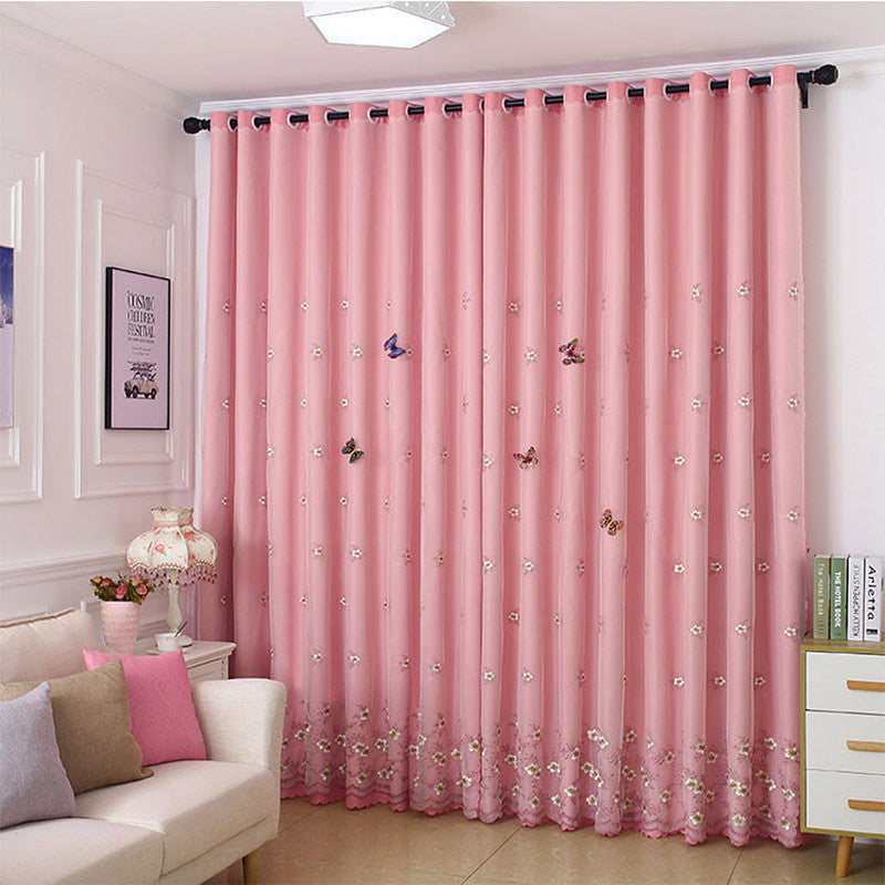 Embroidery  Decorative Blackout Cloth and Sheer Sewing Together Pink 2 Panels Curtain