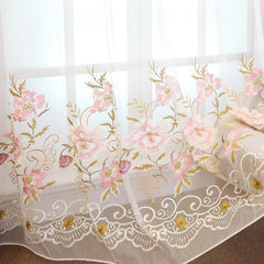 Beige Organza with Embroidered Pink Peach Flowers Romantic and Elegant Window Sheer Drapes