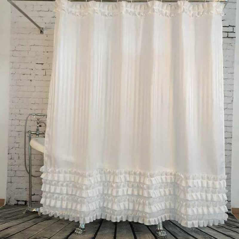 Lace Trimming Polyester White Bathroom Shower Curtain