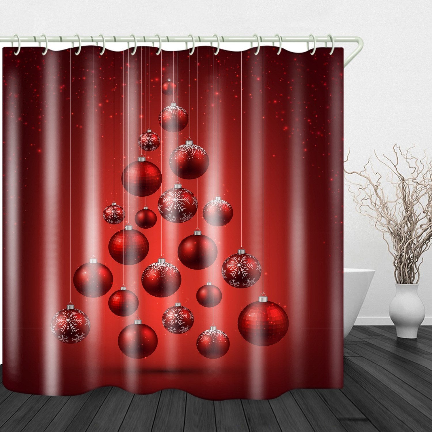 Red Christmas Balls Waterproof and Mildewproof 3D Polyester Shower Curtains with Hooks