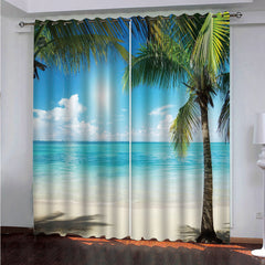 3D Sunny Day Seaside Beach and Coconut Palm Printed Decorative Custom Scenery Curtains