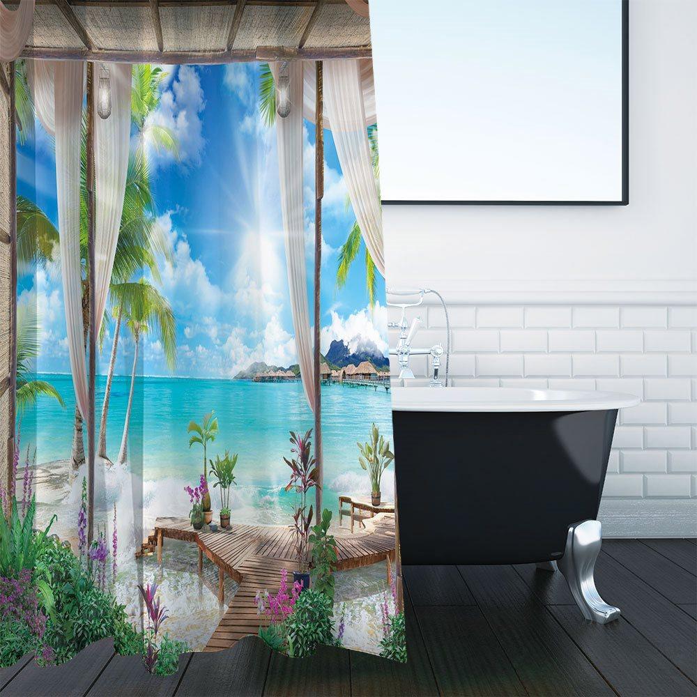 Blue 3D Printed Landscape Shower Curtain Waterproof and Mildewproof Polyester