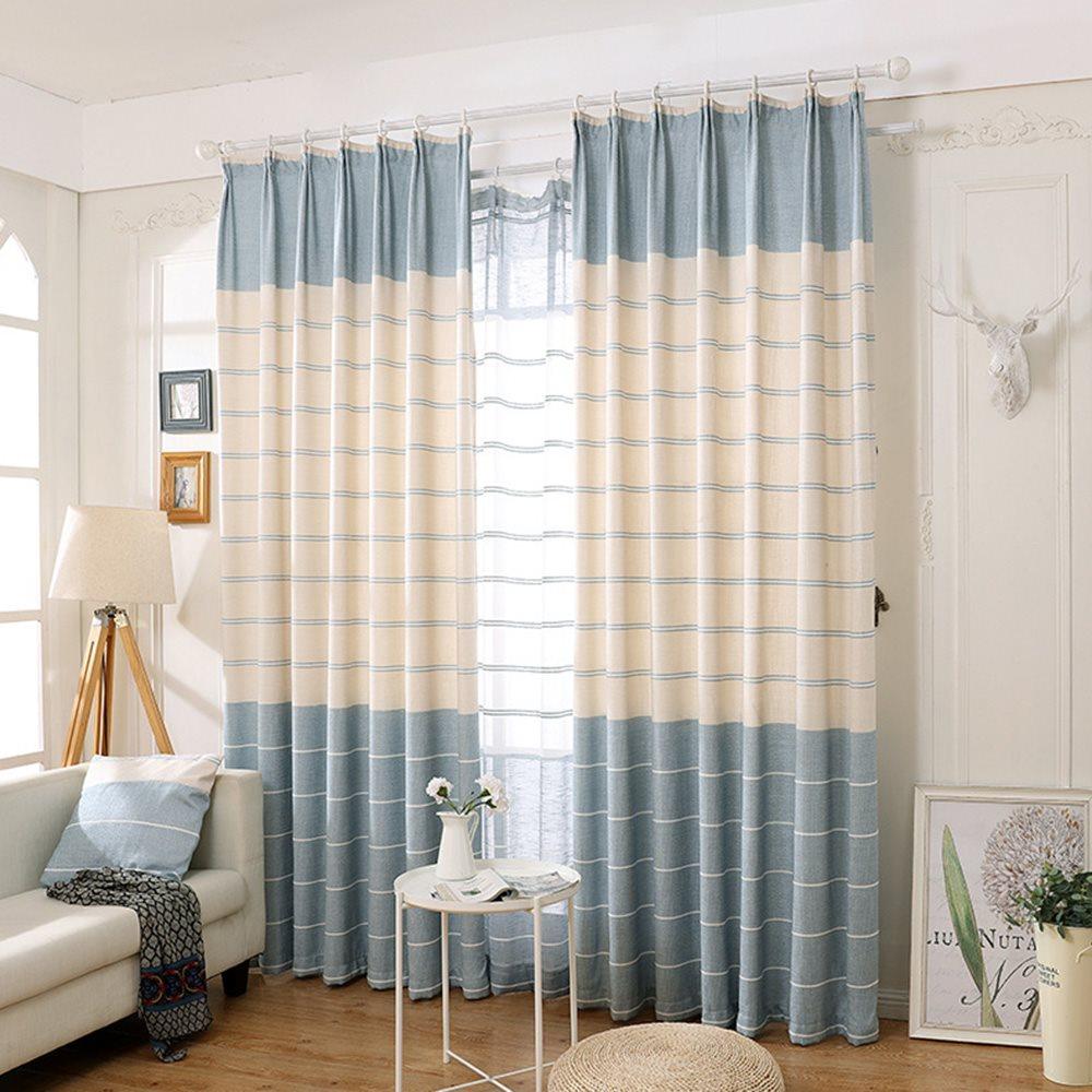 Nordic Style Striped Blue Shading Window Curtains Chenille Hook Blackout Curtains Custom 2 Panels Drapes for Living Room Bedroom Decoration Linen