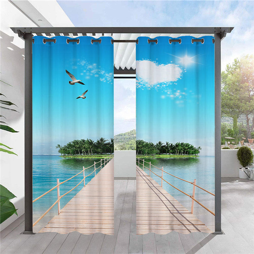 Modern Blue 3D Scenery Outdoor Curtains Grommet Top Cabana Curtain Waterproof Sun-proof Heat-insulating Polyester 2 Panels