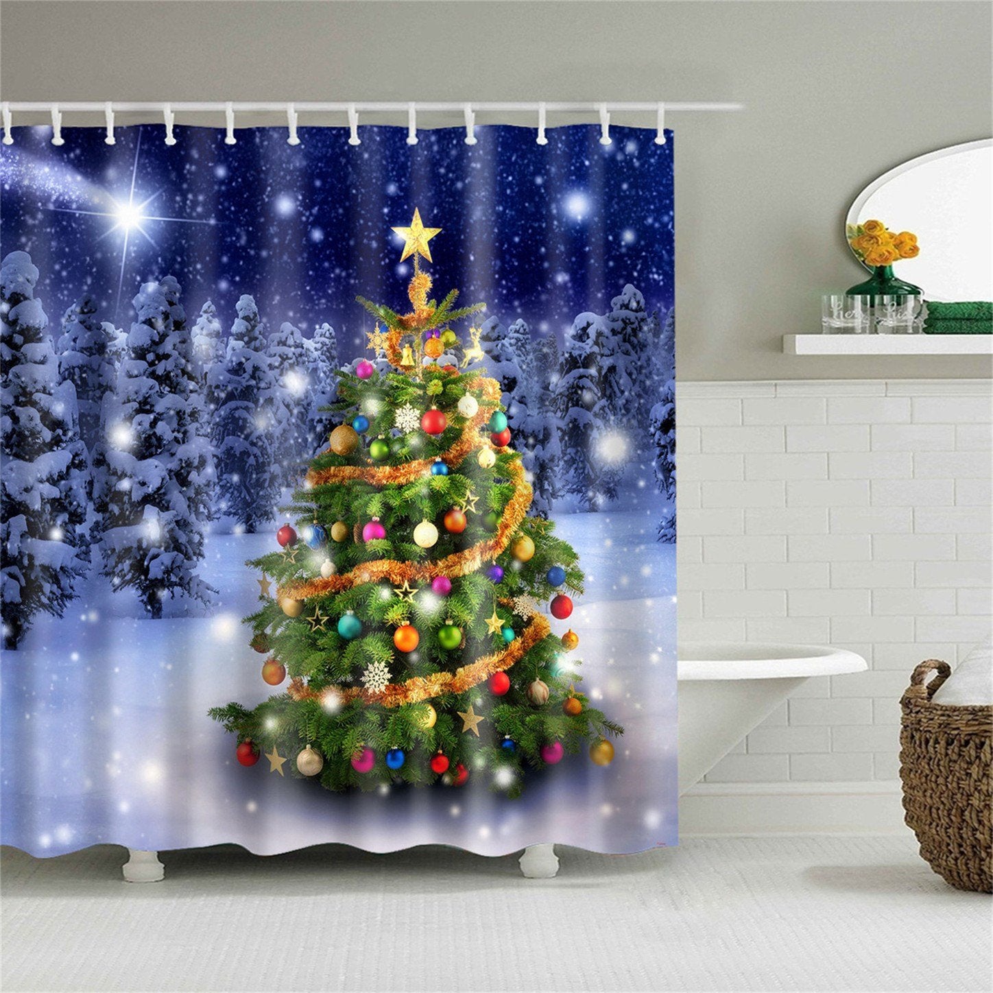 Christmas Tree 3D Shower Curtain Blue Bathroom Partition Curtain Durable Waterproof Mildew Proof