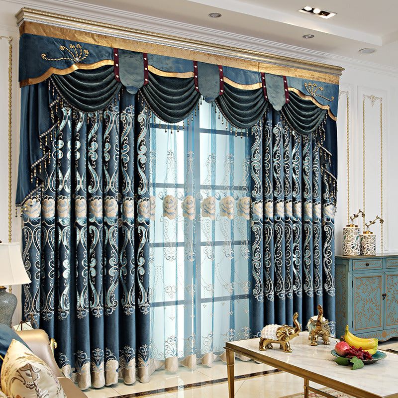 Luxury Blue Blackout Curtains Exquisite Floral Embroidery Sheer Window Shading Curtains Valance for Living Room Bedroom Custom Set of 2 Panels Drapes