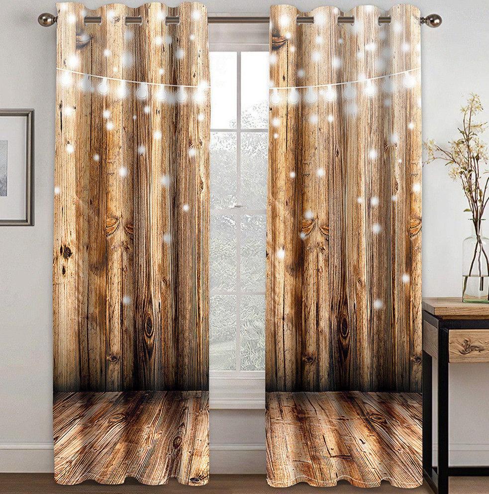 3D Window Curtains Wooden and Light Print Blackout Curtains for Living Room Bedroom Window Drapes Chirstmas 2 Panels Set