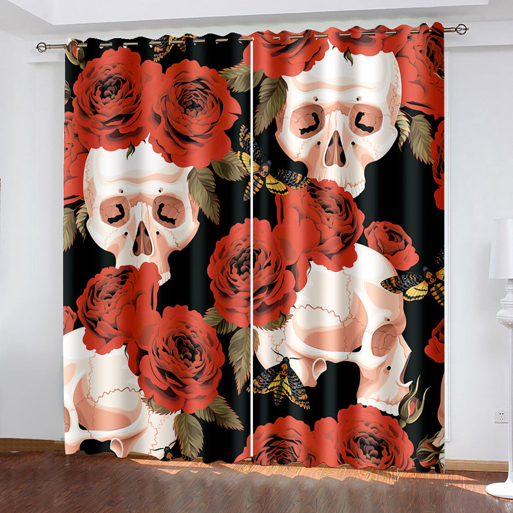 Skull in Red Rose 3D Printed Curtains Blackout Decoration Window Shading Curtain Custom 2 Panels Drapes Polyester