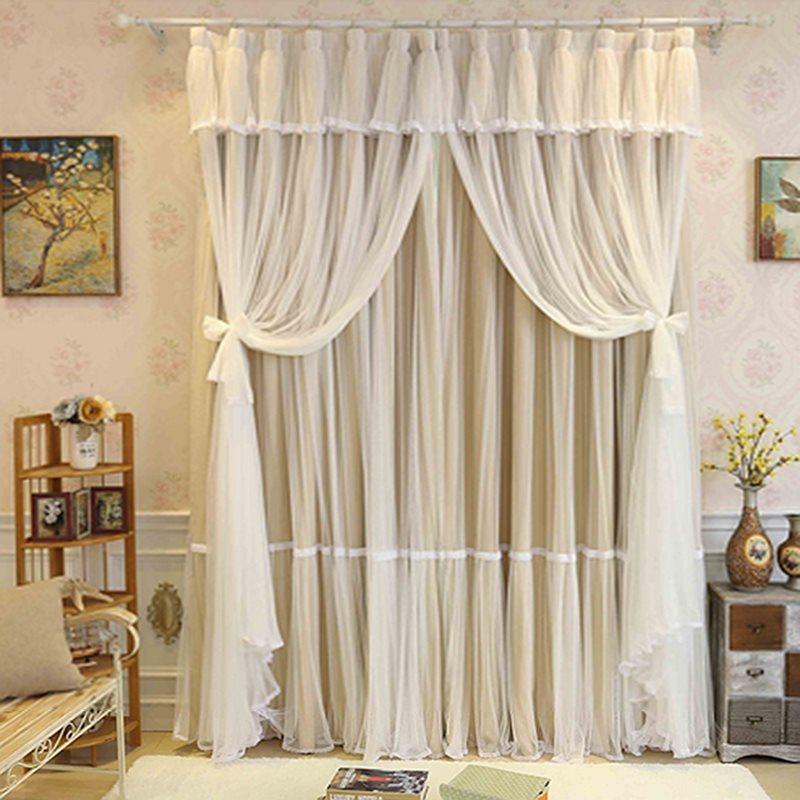 Blackout and Decoration Blending Princess Style Romantic Beige Double Pinch Room Curtain Set