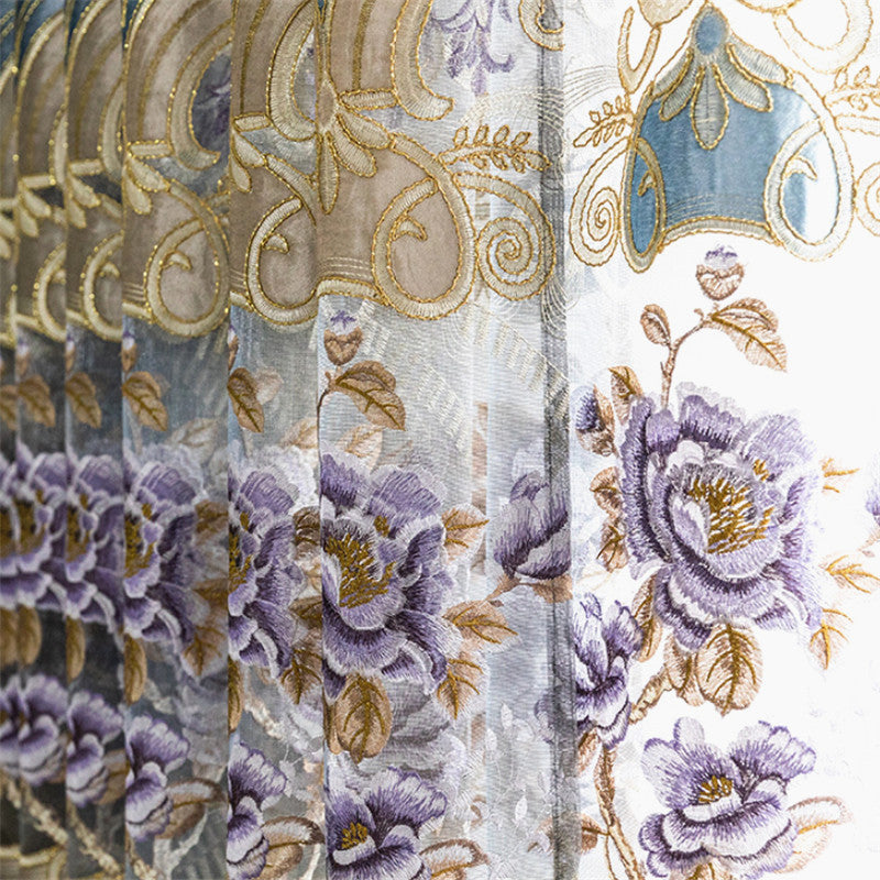 European Elegant Embroidered Flowers High Quality Organza Custom Sheer Curtain for Living Room Bedroom 2 Panels