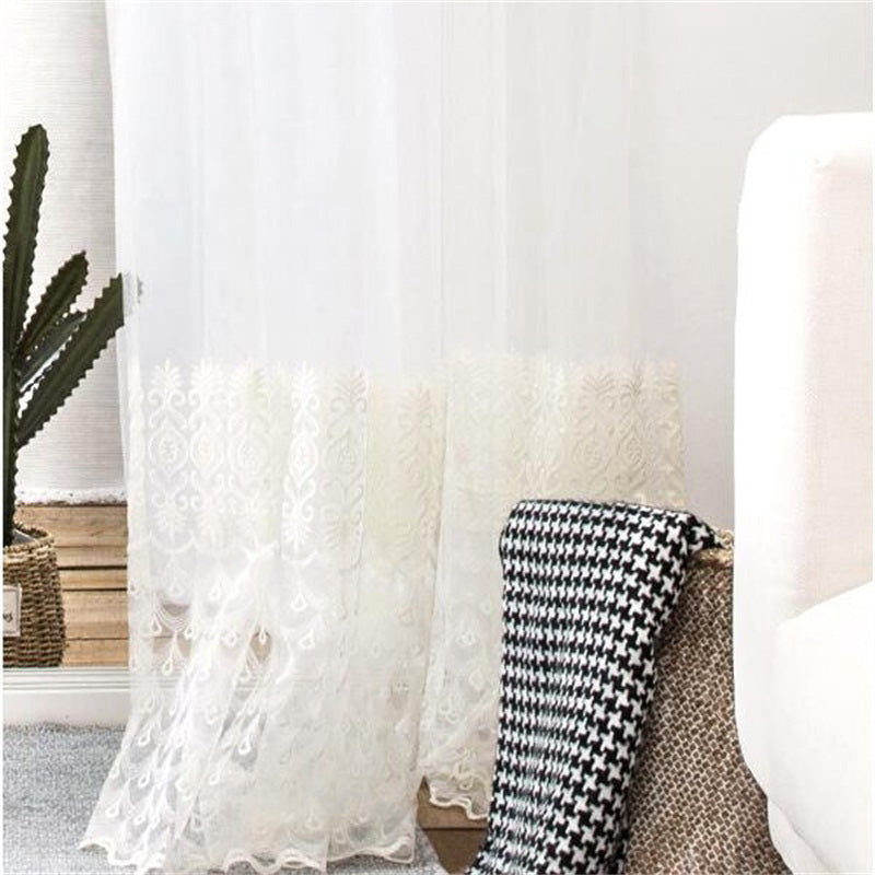 Korean Style Pastoral White Color with Lace Custom Sheer Curtain