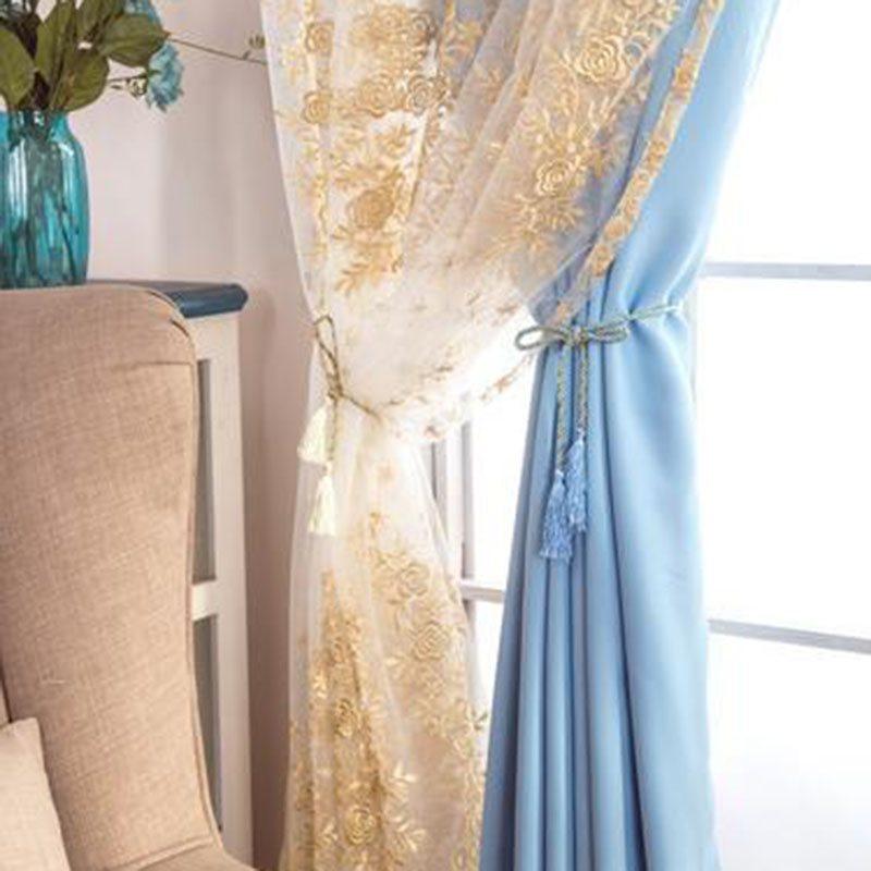 European Floral Rose Embroidery Curtain Sets Sheer and Lining Blackout Curtains Full Shading Double Curtains for Living Room Bedroom Decoration Ultraviolet-Proof No Pilling No Fading No off-lining