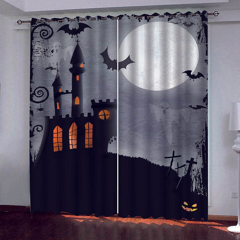 Halloween Castle 3D Printed Blackout Decoration Window Curtains Custom 2 Panels Drapes No Pilling No Fading No off-lining