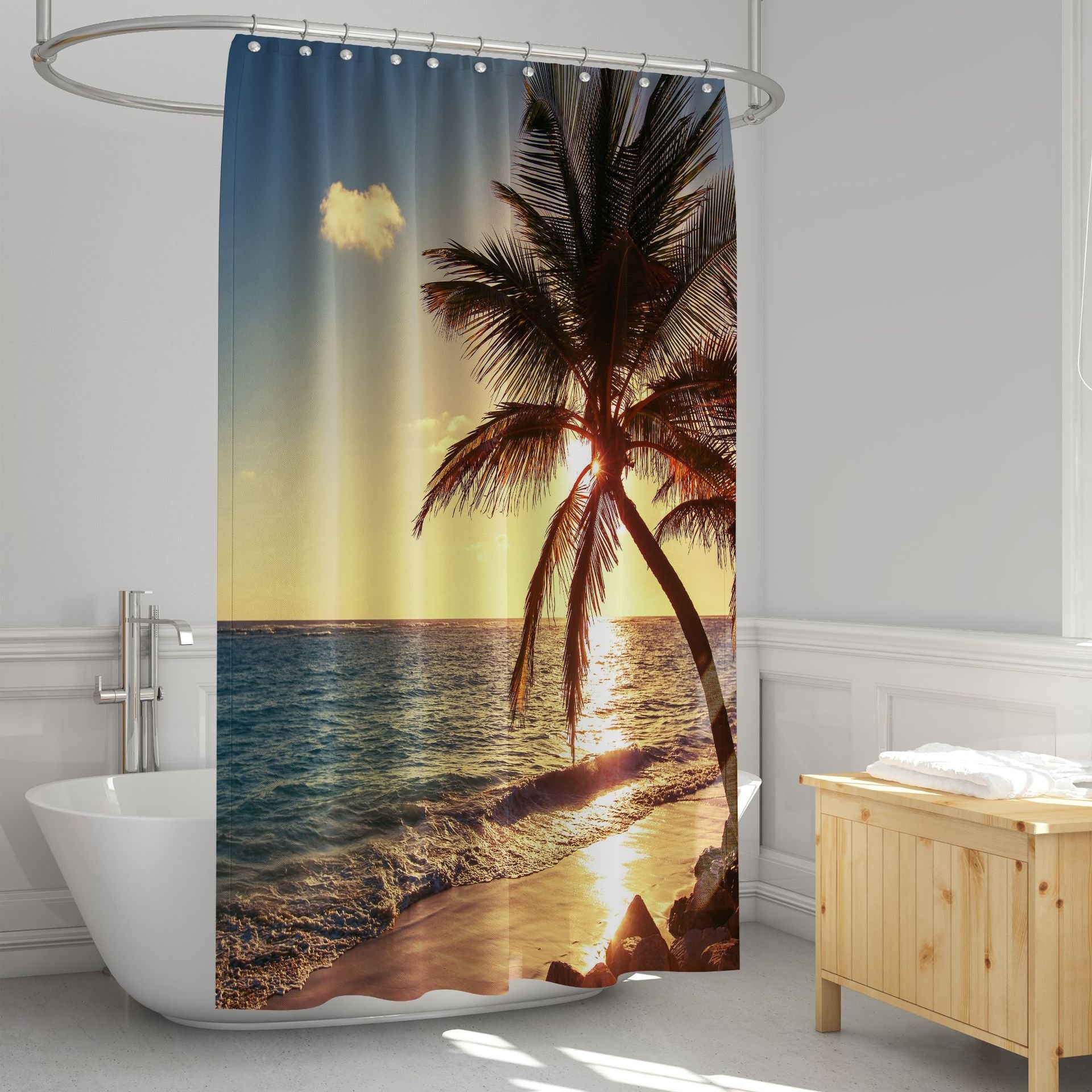 3D Shower Curtain Beach Sunset and Palm Trees Bathroom Partition Curtain Set Durable Waterproof Mildew Proof Polyester