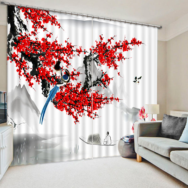 A Magpie Standing on the Red Plum Blossom Tree Printed Custom 3D Curtain