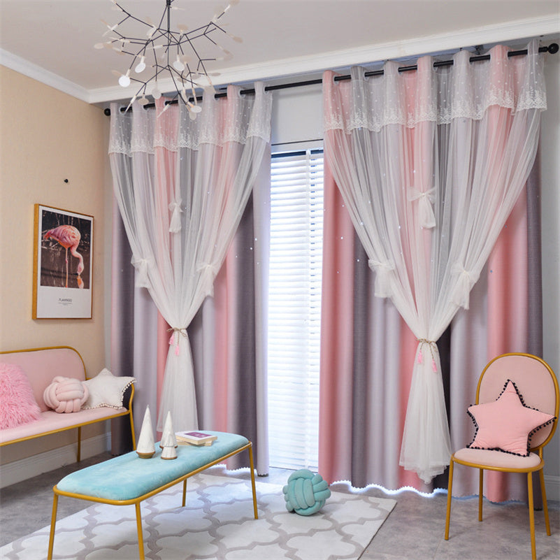 Sweet Stars Blackout Curtains for Bedroom Girls Kids Baby Window Curtain Double Layer Star Cut Out Aesthetic Living Room Decor Wall Home Decorations Curtain 1 Panels