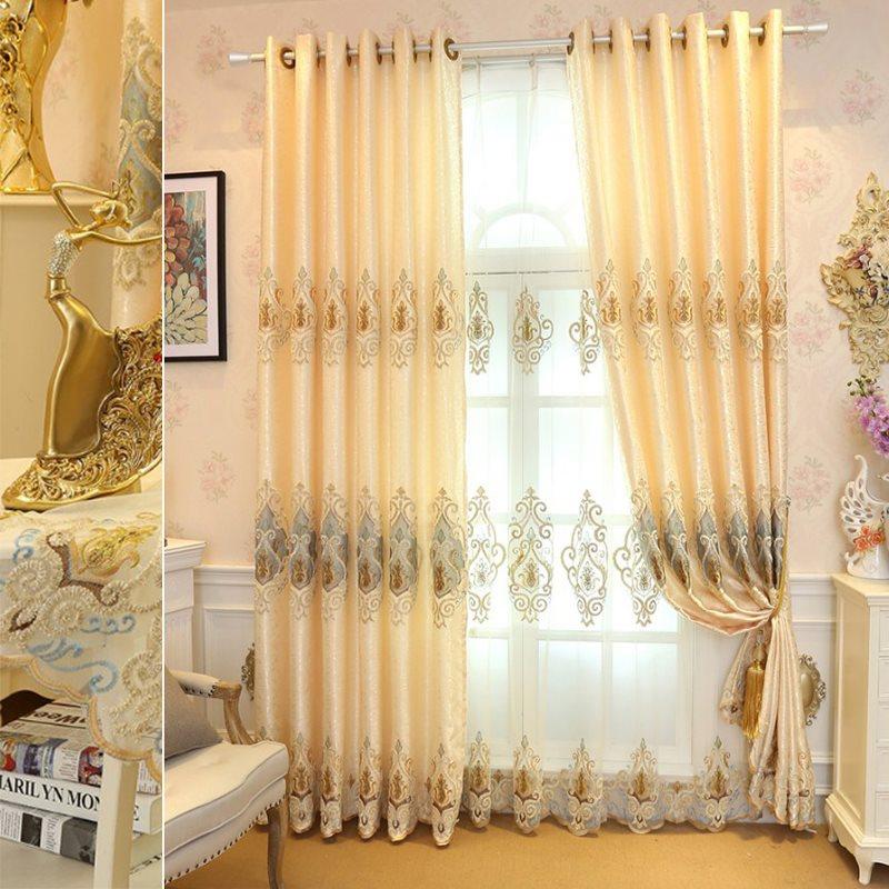 Yellow Embroidery Blackout Curtains Tulle Elegant Window Shading Curtains Sheer for Living Room Bedroom Custom Set of 2 Panels Drapes