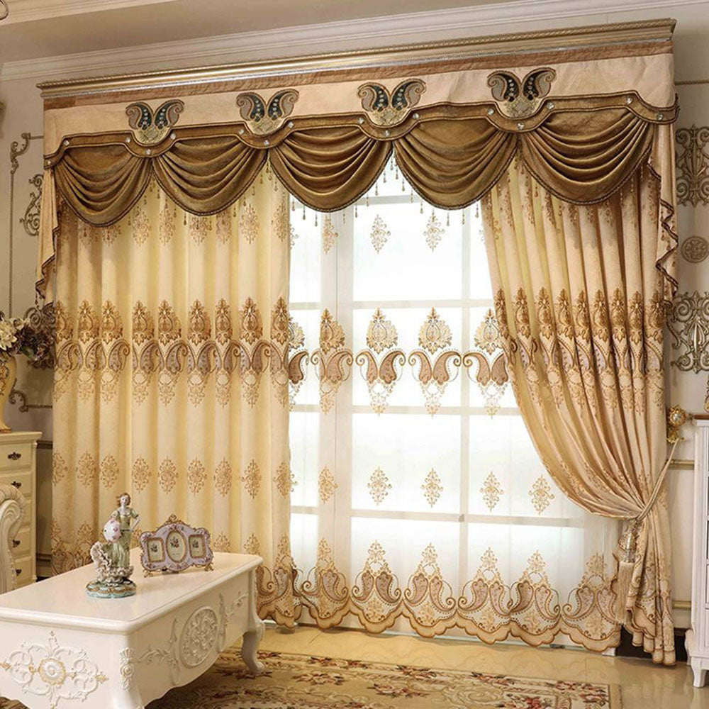 Luxury Elegant Embroidered Shading Curtains Sheer Yellow Blackout Curtain for Living Room Bedroom Custom 2 Panels Drapes