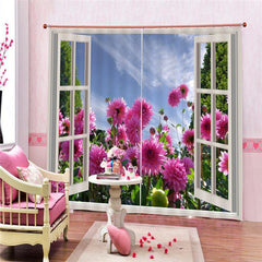 Fake Windows and Pink Flowers Curtains 3D Floral Themed Curtains Drapes 2 Panel Set for Living Room Bedroom Decoration Window