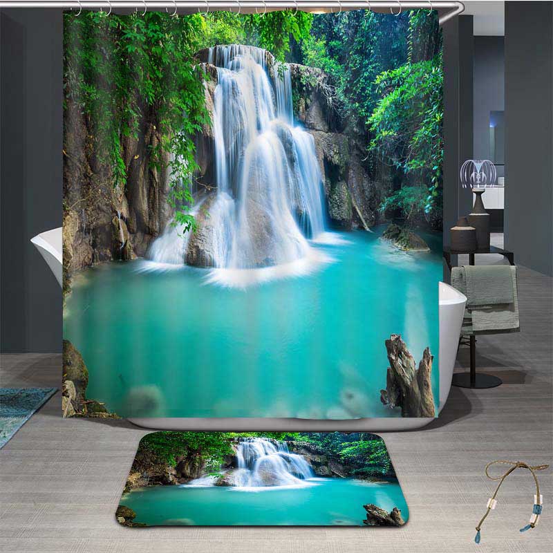 3D Gorgeous Waterfall and Blue Pond Painted Water-proof Decorative Private Bathroom Shower Curtain Bath Mat