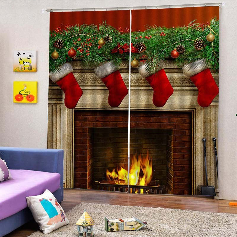 3D Christmas Stockings and Fireplace Print Blackout Decorative Curtains for Living Room Bedroom