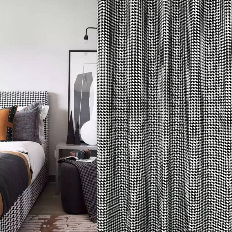 Modern Style Linen Window Curtains Houndstooth Grid Shading Curtains Hook Grommet Blackout Curtains 2 Panels Drapes for Living Room Bedroom Decoration