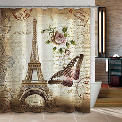 3D Eiffel Tower and Butterfly Printed Polyester Bathroom Shower Curtain