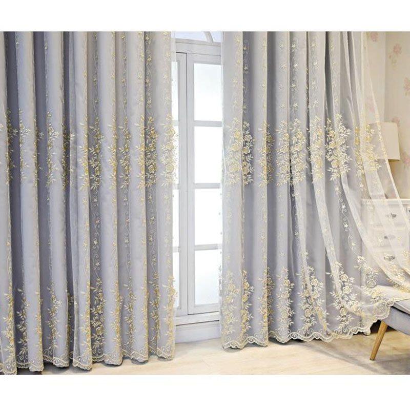 European Floral Rose Embroidery Curtain Sets Sheer and Lining Blackout Curtains Full Shading Double Curtains for Living Room Bedroom Decoration Ultraviolet-Proof No Pilling No Fading No off-lining