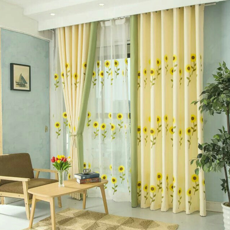 Decoration Polyester Embroidery Bright Sunflowers Sweet Style Sheer Lining Curtain Set