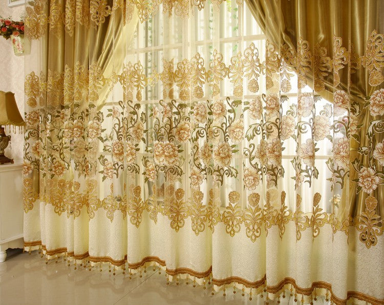 Decoration and Breathable Luxury Golden Peony Pattern Jacquard Custom Sheer Curtain