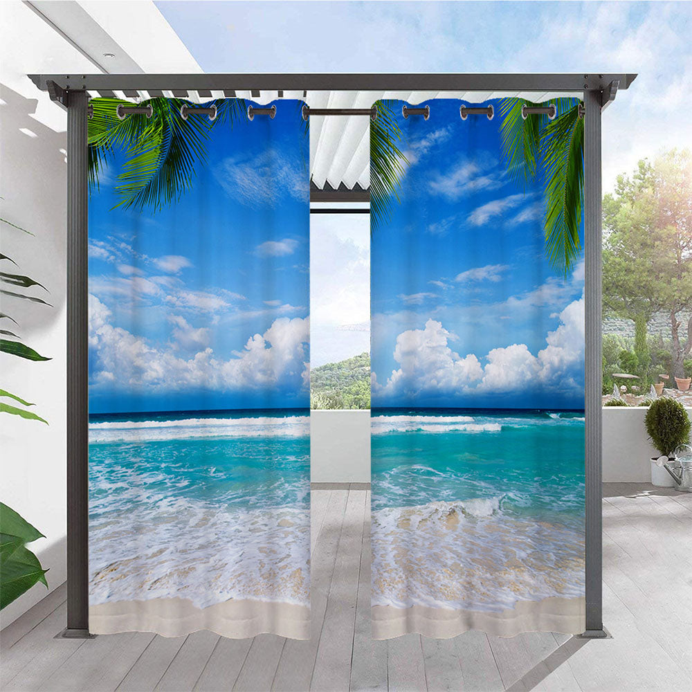 Modern Blue Outdoor Curtains 3D Sea Scenery Cabana Grommet Top Curtain Waterproof Sun-proof Heat-insulating 2 Panels