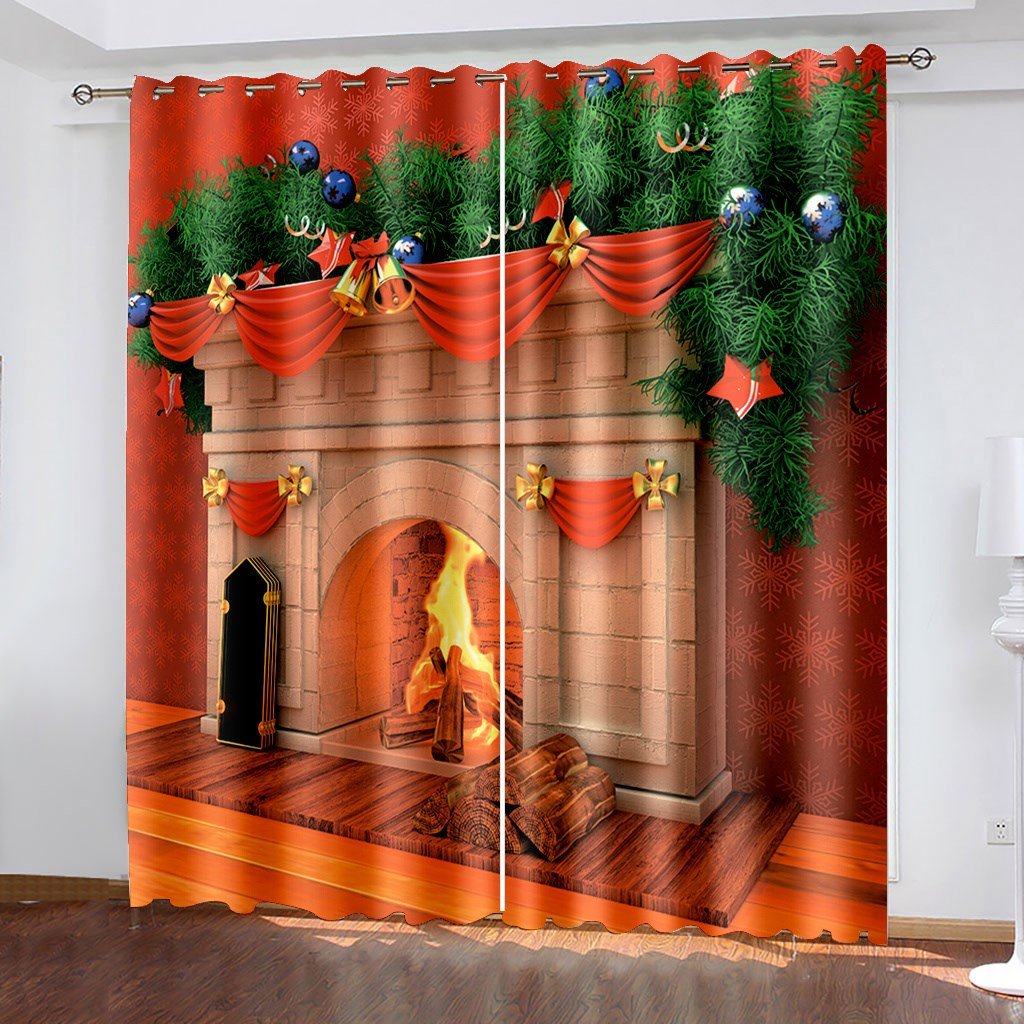 Christmas Fireplace 3D Blackout Curtains Xmas Print Curtains for Living Room Bedroom Window Drapes 2 Panel Set